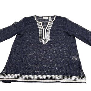 Alfred Dunner Petite‎ Navy Crochet Tunic Top PM 3/4 Sleeves Pullover